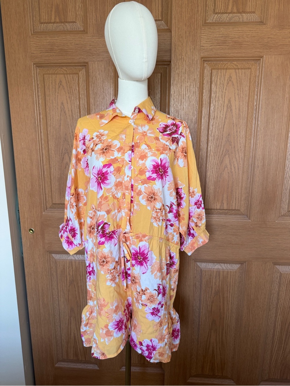 Yellow Floral Button-Front Romper with Pink & Orange Blooms